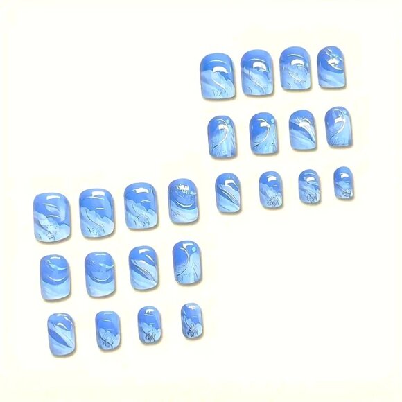 Nails Blue Wave Swirls Glitter Press On 24 Stylish Glam Trendy Reusable Sexy Fun - Picture 3 of 5